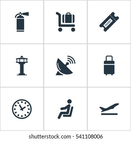 Set Of 9 Simple Travel Icons. Can Be Found Such Elements As Flight Control Tower, Coupon, Antenna And Other.