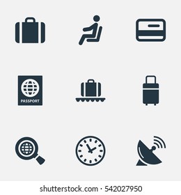 Set Of 9 Simple Travel Icons. Can Be Found Such Elements As Credit Card, Travel Bag, Watch And Other.