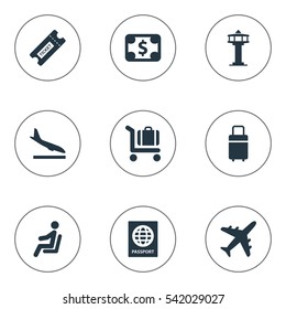 Set Of 9 Simple Travel Icons. Can Be Found Such Elements As Flight Control Tower, Travel Bag, Alighting Plane And Other.