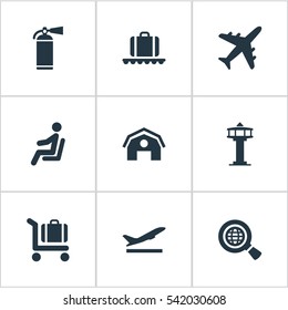 Set Of 9 Simple Travel Icons. Can Be Found Such Elements As Global Research, Plane, Luggage Carousel And Other.