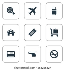 Set Of 9 Simple Travel Icons. Can Be Found Such Elements As Air Transport, Travel Bag, Baggage Cart And Other.