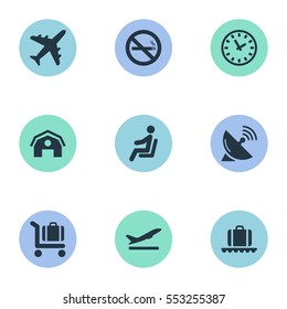 Set Of 9 Simple Travel Icons. Can Be Found Such Elements As Takeoff, Cigarette Forbidden, Garage And Other.