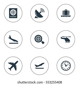 Set Of 9 Simple Travel Icons. Can Be Found Such Elements As Takeoff, Alighting Plane, Air Transport And Other.