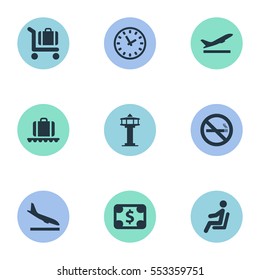 Set Of 9 Simple Travel Icons. Can Be Found Such Elements As Baggage Cart, Watch, Flight Control Tower And Other.