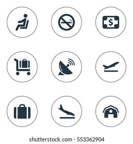 Set Of 9 Simple Travel Icons. Can Be Found Such Elements As Baggage Cart, Alighting Plane, Cigarette Forbidden And Other.