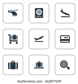 Set Of 9 Simple Travel Icons. Can Be Found Such Elements As Global Research, Air Transport, Alighting Plane And Other.