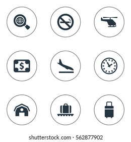 Set Of 9 Simple Travel Icons. Can Be Found Such Elements As Garage, Air Transport, Cigarette Forbidden And Other.