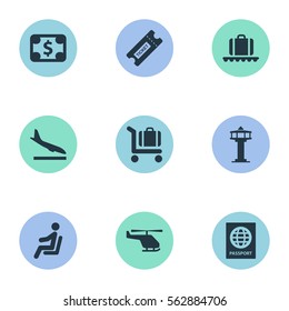 Set Of 9 Simple Travel Icons. Can Be Found Such Elements As Baggage Cart, Alighting Plane, Seat And Other.