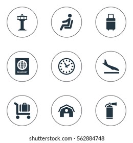 Set Of 9 Simple Travel Icons. Can Be Found Such Elements As Travel Bag, Alighting Plane, Garage And Other.