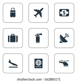 Set Of 9 Simple Travel Icons. Can Be Found Such Elements As Protection Tool, Air Transport, Travel Bag And Other.