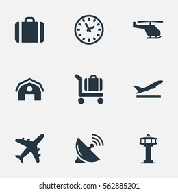 Set Of 9 Simple Travel Icons. Can Be Found Such Elements As Flight Control Tower, Plane, Antenna And Other.