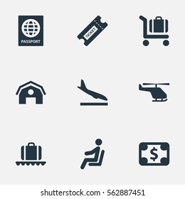 Set Of 9 Simple Travel Icons. Can Be Found Such Elements As Coupon, Certificate Of Citizenship, Alighting Plane And Other.