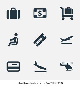 Set Of 9 Simple Travel Icons. Can Be Found Such Elements As Coupon, Air Transport, Alighting Plane And Other.