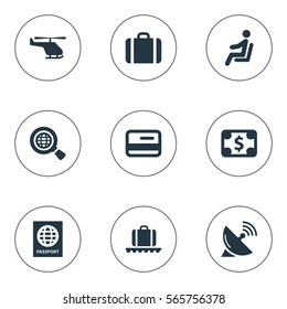Set Of 9 Simple Travel Icons. Can Be Found Such Elements As Air Transport, Luggage Carousel, Global Research And Other.