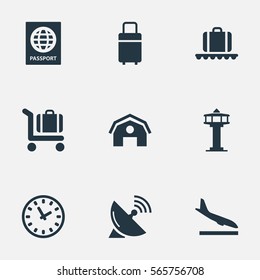 Set Of 9 Simple Travel Icons. Can Be Found Such Elements As Flight Control Tower, Alighting Plane, Watch And Other.