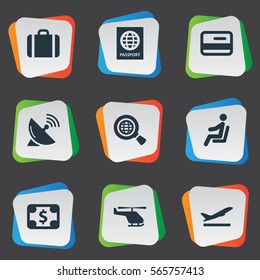 Set Of 9 Simple Travel Icons. Can Be Found Such Elements As Handbag, Global Research, Air Transport.