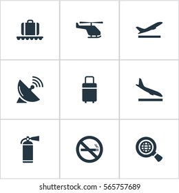 Set Of 9 Simple Travel Icons. Can Be Found Such Elements As Luggage Carousel, Protection Tool, Alighting Plane And Other.