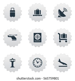 Set Of 9 Simple Travel Icons. Can Be Found Such Elements As Alighting Plane, Air Transport, Watch And Other.