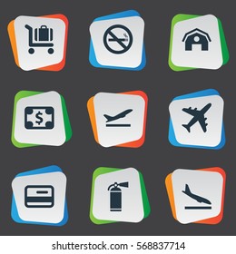 Set Of 9 Simple Travel Icons. Can Be Found Such Elements As Baggage Cart, Garage, Cigarette Forbidden And Other.