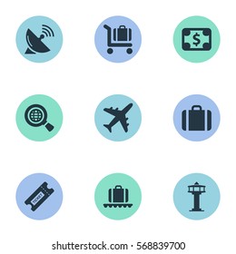 Set Of 9 Simple Travel Icons. Can Be Found Such Elements As Flight Control Tower, Baggage Cart, Currency And Other.