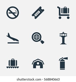 Set Of 9 Simple Travel Icons. Can Be Found Such Elements As Baggage Cart, Garage, Global Research And Other.