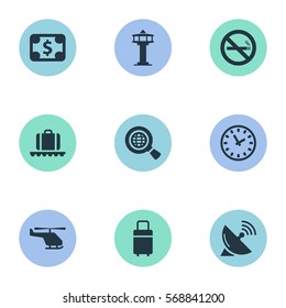 Set Of 9 Simple Travel Icons. Can Be Found Such Elements As Air Transport, Travel Bag, Watch And Other.