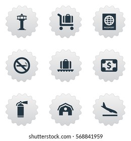 Set Of 9 Simple Travel Icons. Can Be Found Such Elements As Certificate Of Citizenship, Alighting Plane, Cigarette Forbidden And Other.