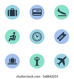 Set Of 9 Simple Travel Icons. Can Be Found Such Elements As Seat, Alighting Plane, Luggage Carousel And Other.