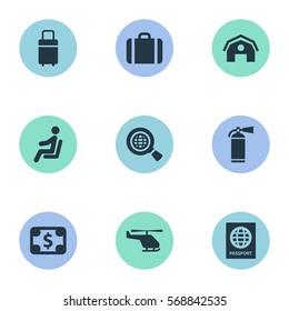 Set Of 9 Simple Travel Icons. Can Be Found Such Elements As Protection Tool, Certificate Of Citizenship, Travel Bag And Other.