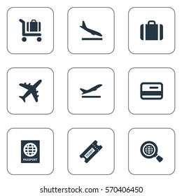 Set Of 9 Simple Travel Icons. Can Be Found Such Elements As Global Research, Alighting Plane, Handbag.