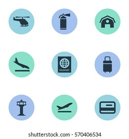 Set Of 9 Simple Travel Icons. Can Be Found Such Elements As Garage, Certificate Of Citizenship, Credit Card And Other.