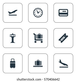 Set Of 9 Simple Travel Icons. Can Be Found Such Elements As Alighting Plane, Flight Control Tower, Credit Card And Other.