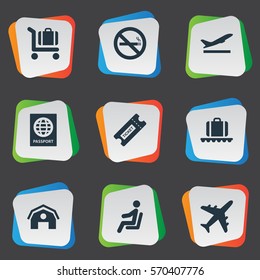 Set Of 9 Simple Travel Icons. Can Be Found Such Elements As Baggage Cart, Plane, Takeoff And Other.