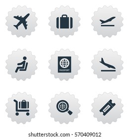 Set Of 9 Simple Travel Icons. Can Be Found Such Elements As Certificate Of Citizenship, Takeoff, Handbag.