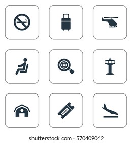 Set Of 9 Simple Travel Icons. Can Be Found Such Elements As Cigarette Forbidden, Air Transport, Alighting Plane And Other.