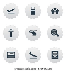 Set Of 9 Simple Travel Icons. Can Be Found Such Elements As Alighting Plane, Takeoff, Travel Bag And Other.