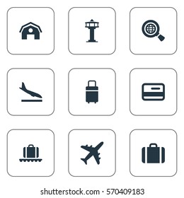 Set Of 9 Simple Travel Icons. Can Be Found Such Elements As Handbag, Luggage Carousel, Alighting Plane.