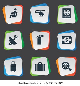 Set Of 9 Simple Travel Icons. Can Be Found Such Elements As Global Research, Antenna, Travel Bag And Other.