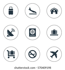 Set Of 9 Simple Travel Icons. Can Be Found Such Elements As Plane, Cigarette Forbidden, Garage And Other.