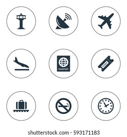 Set Of 9 Simple Travel Icons. Can Be Found Such Elements As Luggage Carousel, Plane, Alighting Plane And Other.