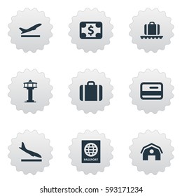 Set Of 9 Simple Travel Icons. Can Be Found Such Elements As Luggage Carousel, Flight Control Tower, Garage And Other.