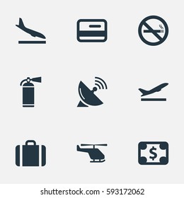Set Of 9 Simple Travel Icons. Can Be Found Such Elements As Currency, Protection Tool, Takeoff And Other.