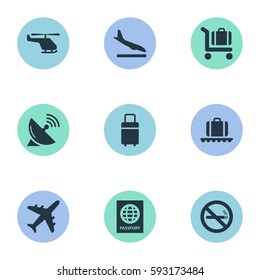 Set Of 9 Simple Travel Icons. Can Be Found Such Elements As Baggage Cart, Air Transport, Cigarette Forbidden And Other.