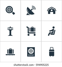 Set Of 9 Simple Travel Icons. Can Be Found Such Elements As Garage, Baggage Cart, Antenna And Other.