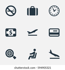 Set Of 9 Simple Travel Icons. Can Be Found Such Elements As Global Research, Seat, Alighting Plane And Other.