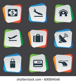 Set Of 9 Simple Travel Icons. Can Be Found Such Elements As Air Transport, Travel Bag, Alighting Plane And Other.