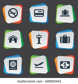Set Of 9 Simple Travel Icons. Can Be Found Such Elements As Takeoff, Currency , Handbag.
