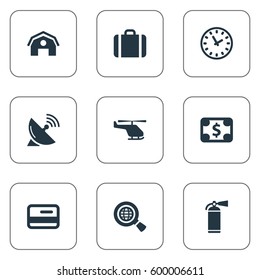 Set Of 9 Simple Travel Icons. Can Be Found Such Elements As Garage, Credit Card, Global Research And Other.