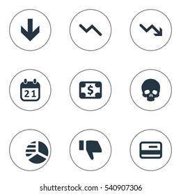 Set Of 9 Simple Trouble Icons. Can Be Found Such Elements As Plastic Card, Downward, Finger Below And Other.