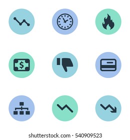 Set Of 9 Simple Trouble Icons. Can Be Found Such Elements As Downward, Finger Below, Bankroll And Other.